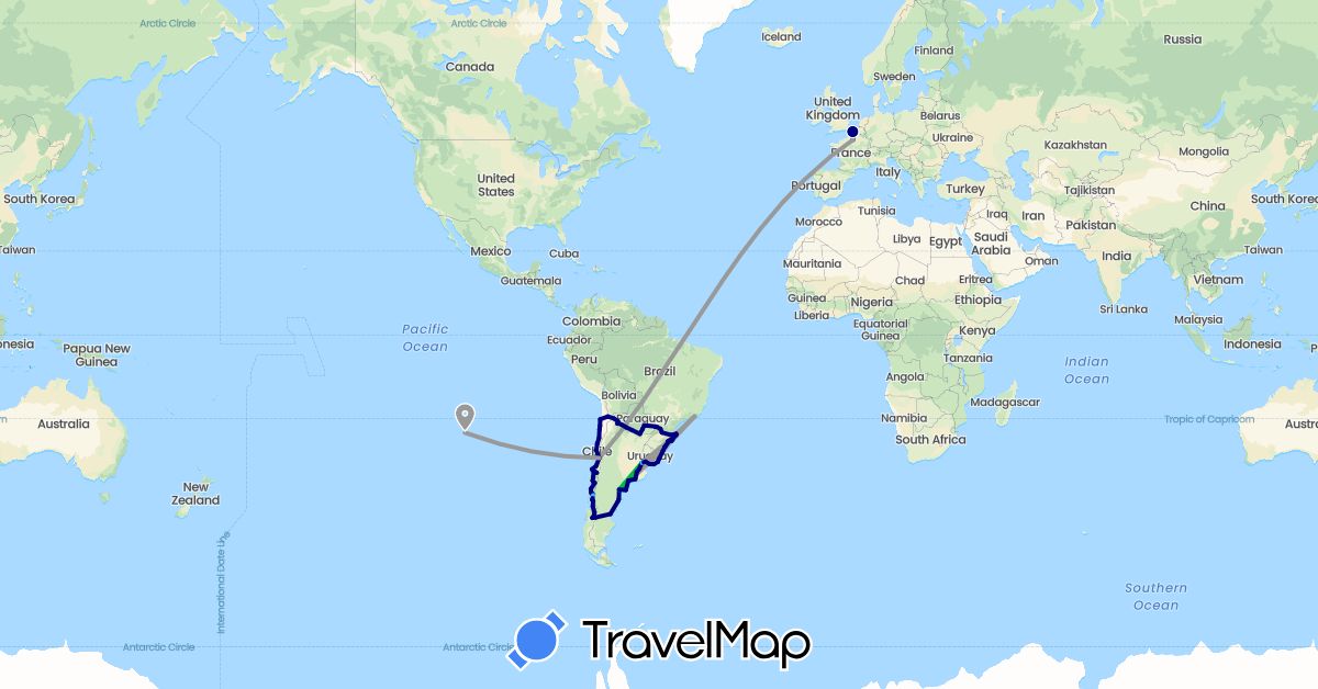 TravelMap itinerary: driving, bus, plane, boat in Argentina, Brazil, Chile, France, Paraguay, Uruguay (Europe, South America)